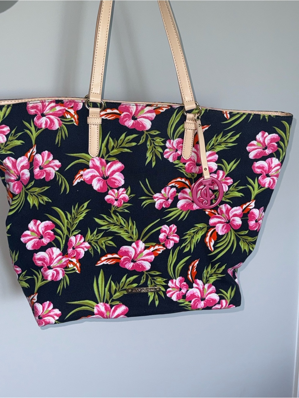 Juicy Couture Navy Floral Tote with Pink Blooms and Beige Straps